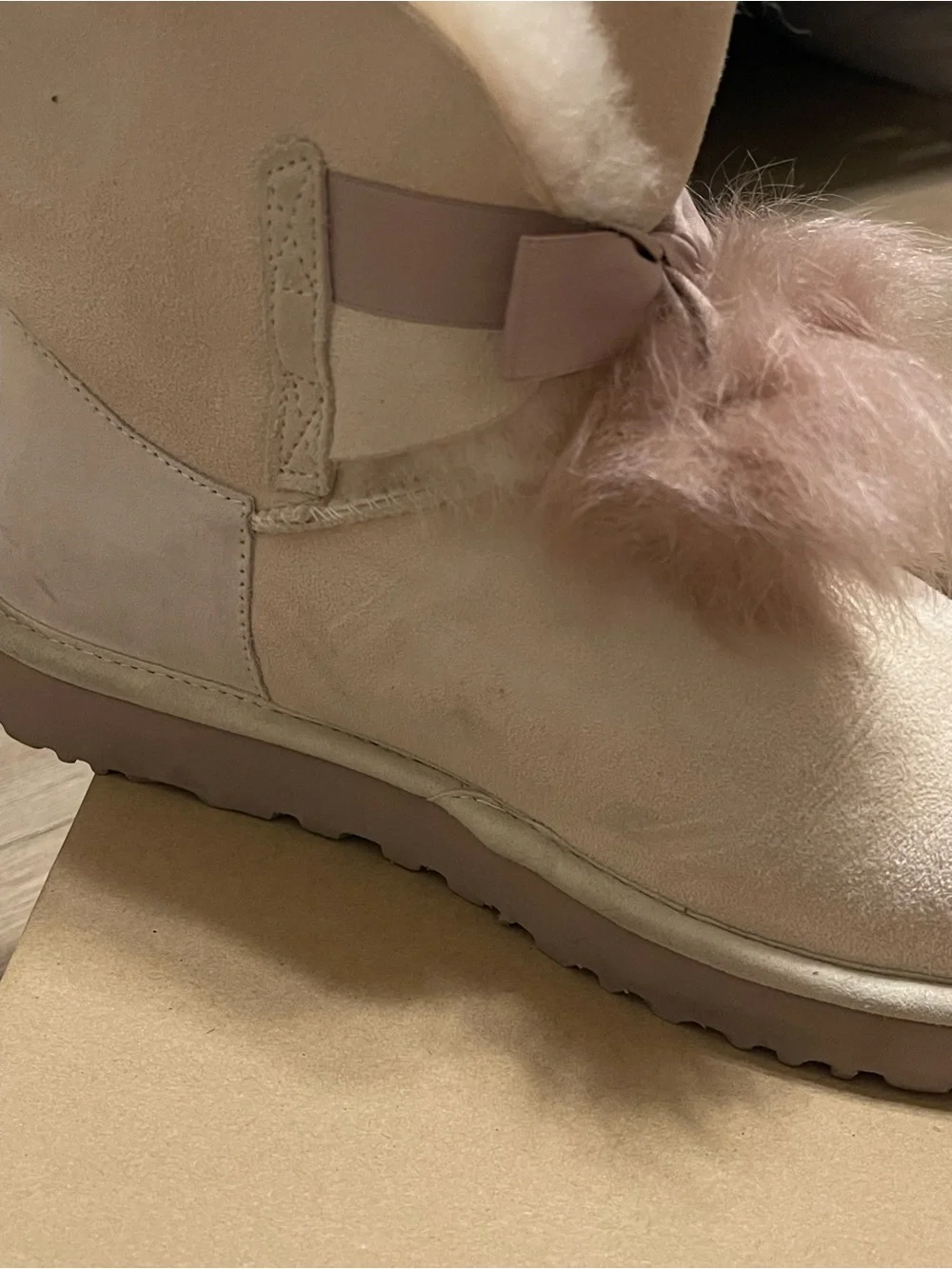 UGG Women's Cream Shearling Ankle Boots with Dusty Pink Pom